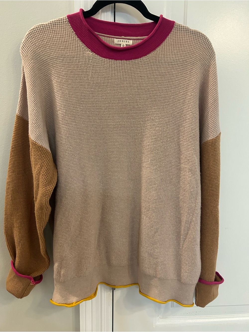 JODIFL Beige Waffle-Knit Crewneck Sweater with Tan Sleeves and Pink Trim